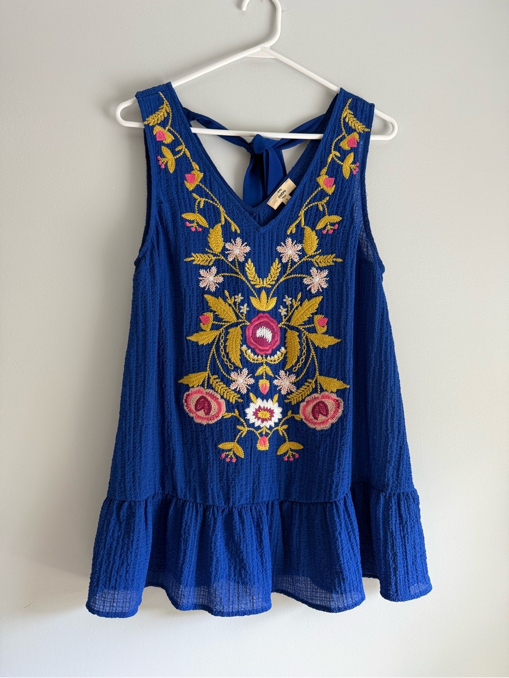 entro Royal Blue Embroidered V-Neck Peplum Sleeveless Top - Picture 1 of 3